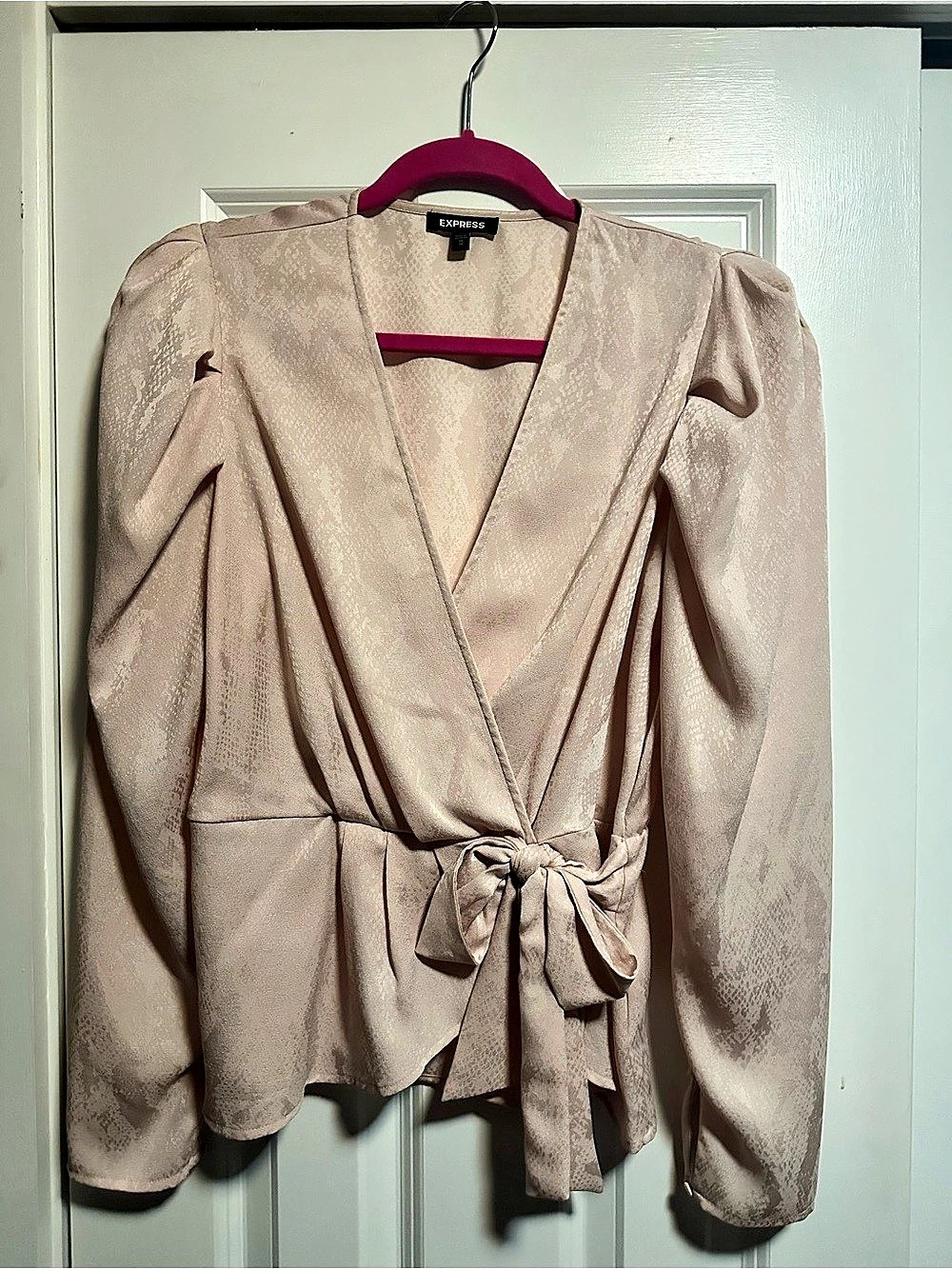 Express Satin Puff Sleeve Wrap Top Blouse in Pink Size Medium